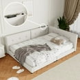 thumbnail image 1 of Queen Size Platform Bed with USB Ports, Linen Upholstered Daybed with Comfortable Backrest and Armrests, Wood Corner Daybed Frame for Living Room Bedroom, Beige, 1 of 7