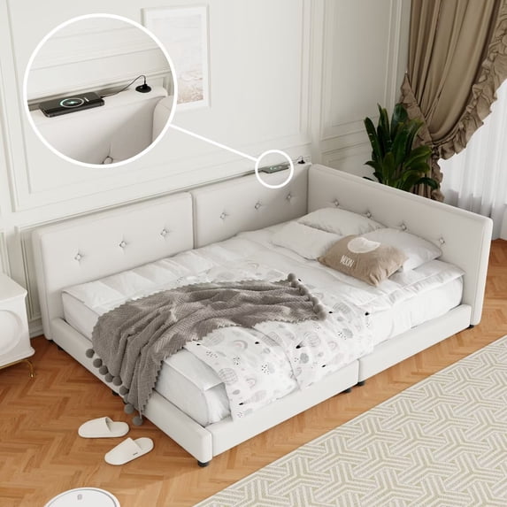Queen Size Platform Bed with USB Ports, Linen Upholstered Daybed with Comfortable Backrest and Armrests, Wood Corner Daybed Frame for Living Room Bedroom, Beige