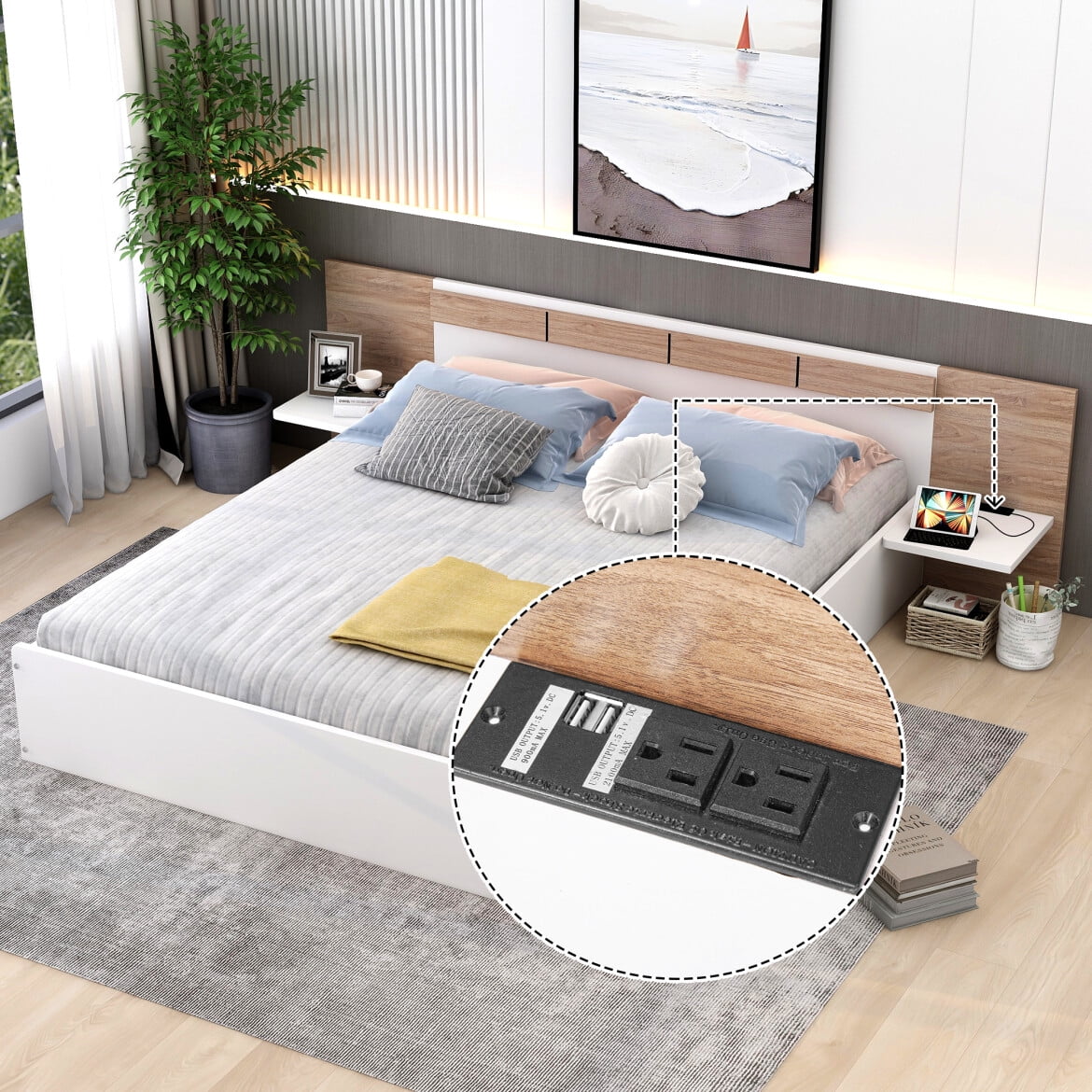 Queen Size Platform Bed with USB Ports,Sockets and Shelf, Wooden Bed ...