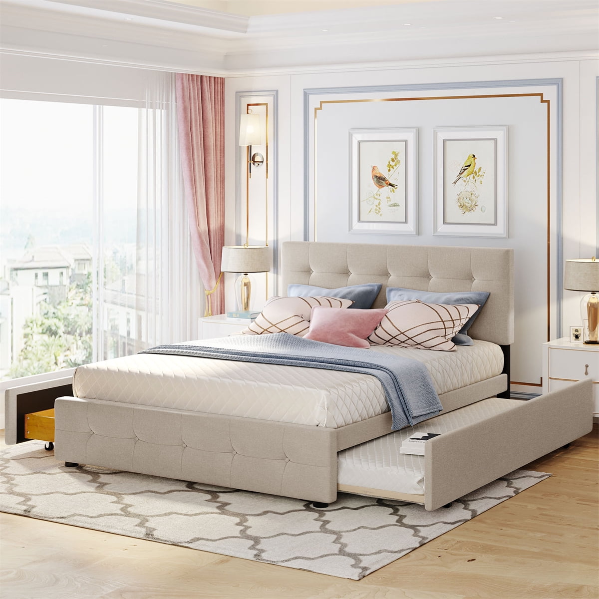 Queen Size Platform Bed Upholstered Platform Bed with 2 Drawers