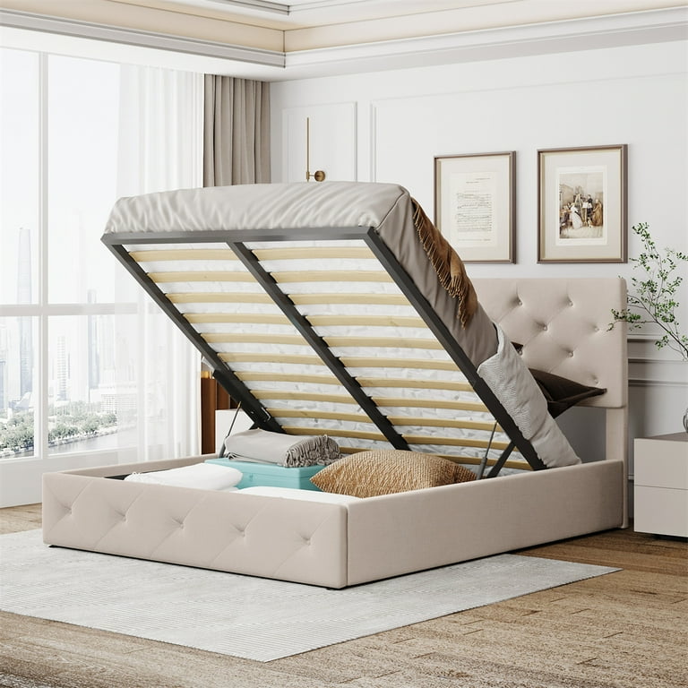 Upholstered bed with storage queen discount