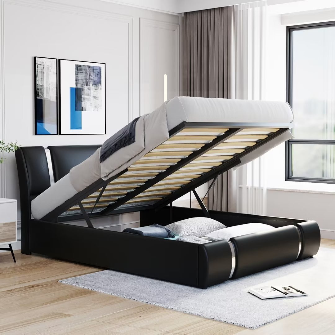 Queen Size Platform Bed Upholstered Faux Leather Platform Bed Frame with Large Underbed Storage Space for Master Room Guest Room Black