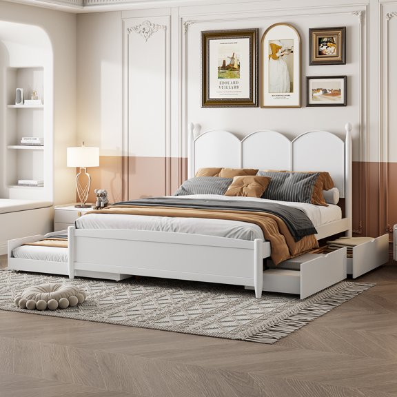 Queen Size Platform Bed With 2 Big Drawers, Twin XL Size Trundle, White