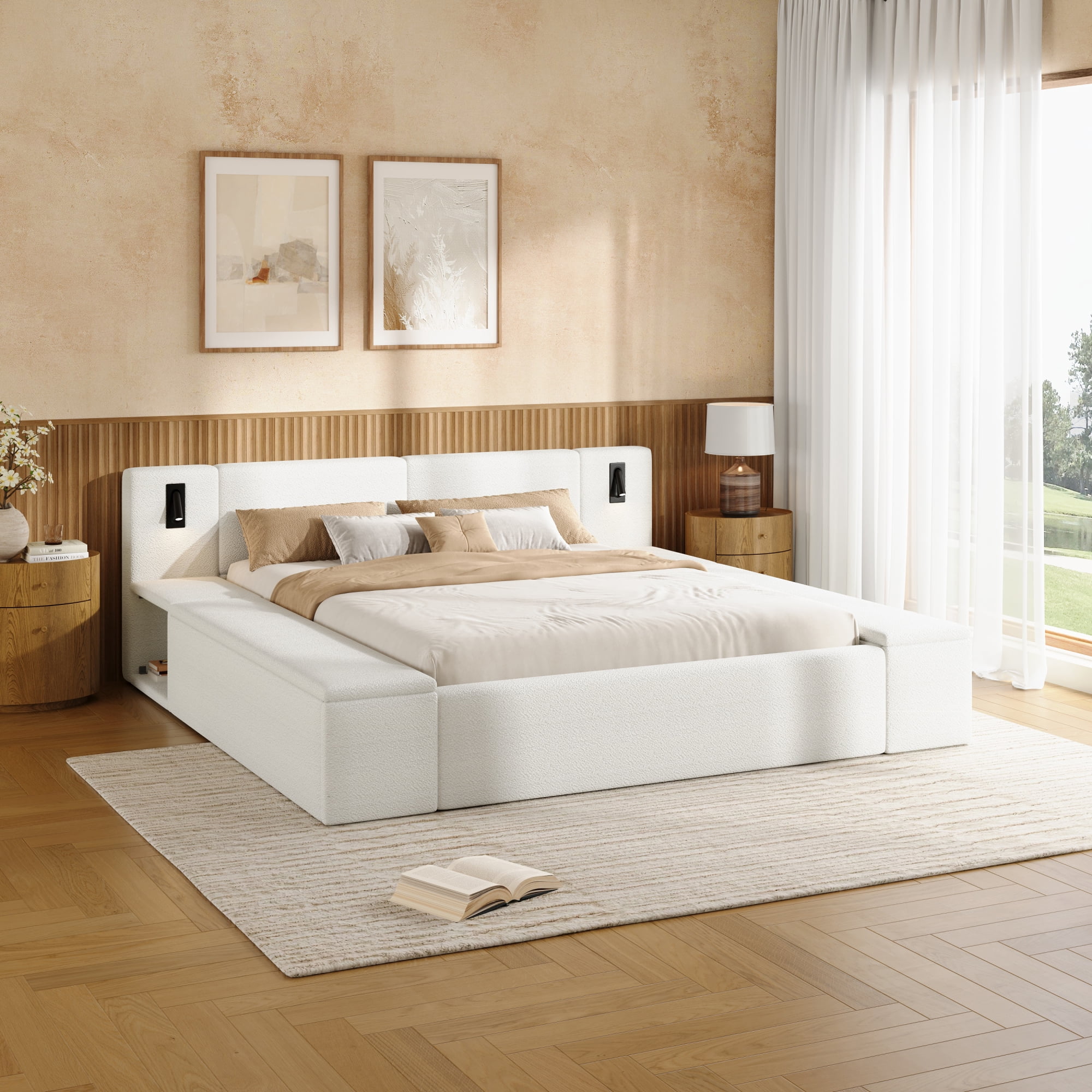 Queen Size Platform Bed w/ Hidden Storage, Built-in Nightstands, Reading Light, No Box Spring Needed