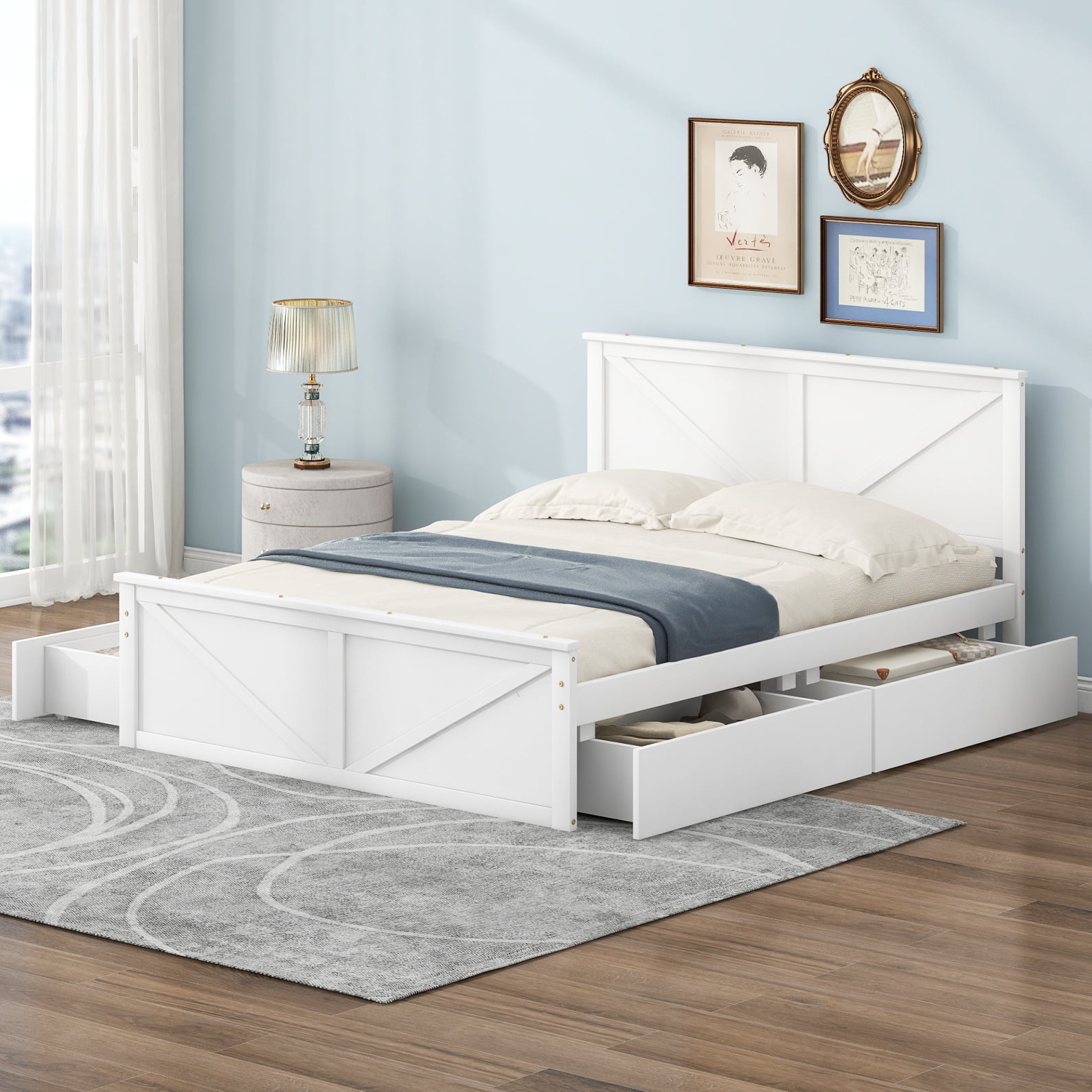 Queen Size White Pine Platform Bed with Storage Drawers