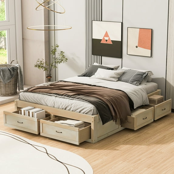 Queen Size Platform Bed with 6 Storage Drawers, Antique Natural