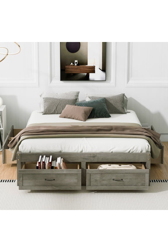 Queen Size Platform Bed with 6 Storage Drawers, LVL+MDF Wood Slat Bed Frame, No Headboard, Under Bed Drawer Organizer for Bedroom, Antique Gray