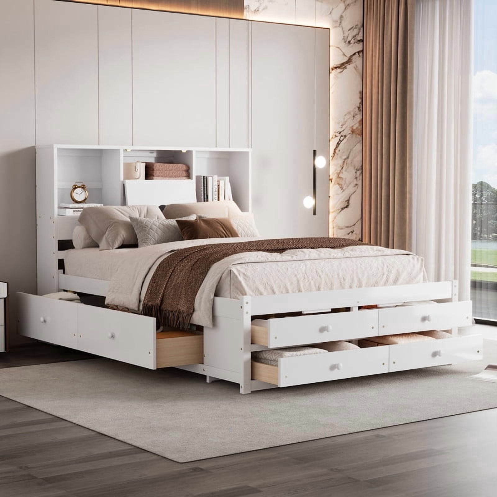 Queen Size Platform Bed with Bookcase Headboard, Storage Wooden Bed Frame with 8 Drawers
