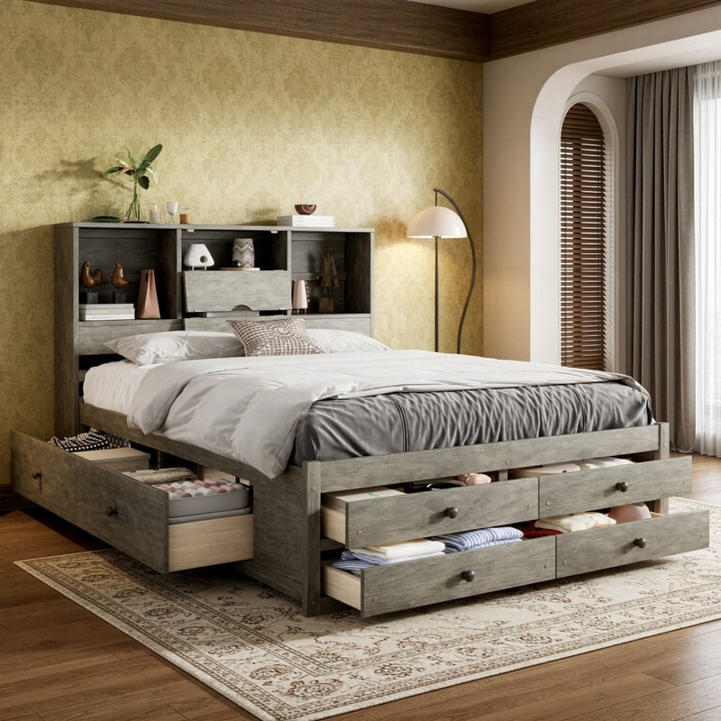 Queen Size Platform Bed with Bookcase Headboard, Storage Wooden Bed Frame with 8 Drawers
