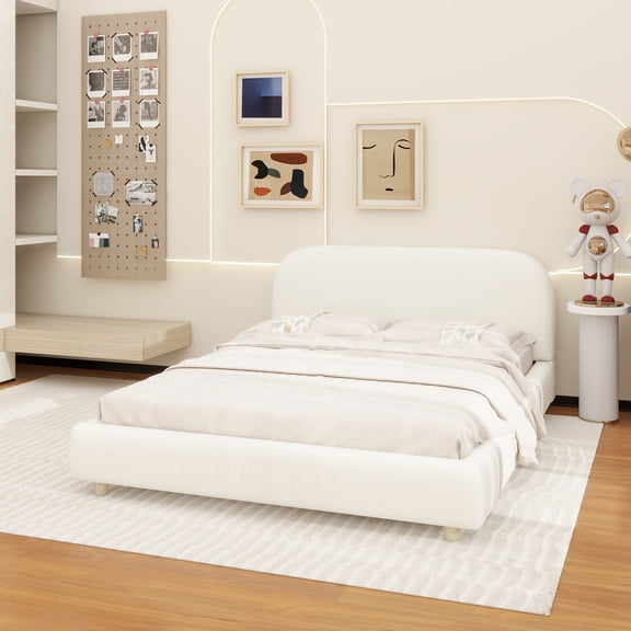 Queen Size Platform Bed with Boucle Fabric, Boucle Fabric Upholstered Platform Bed with Curve-Shaped Design Headboard, White, Easy Assembly