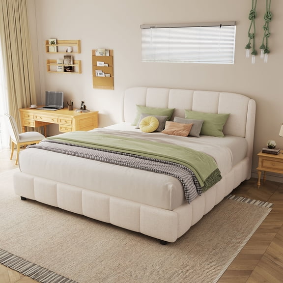 Queen Size Platform Bed with Boucle Fabric, Soft Boucle Fabric Upholstered Platform bed with Curve-Shaped Design Headboard, Beige, Easy Assembly