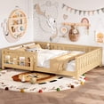 thumbnail image 1 of Queen Size Platform Bed with Built-in Bookshelf, Wooden Queen Floor Bed with Guardrail, Low-Profile Bed Queen, Light Natural, 1 of 11