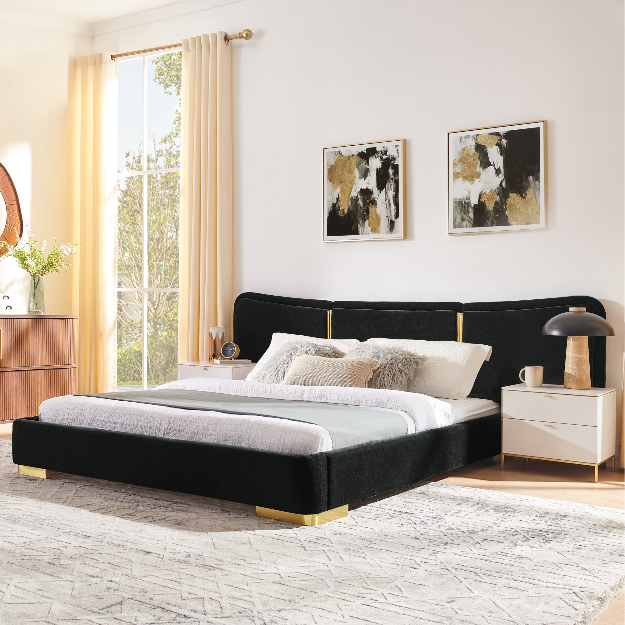 Queen Size Platform Bed with Extra Large Curved Headboard in Black