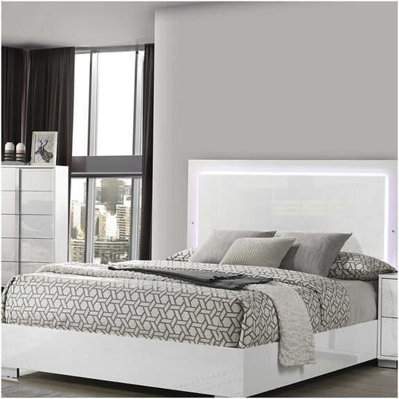 Queen Size Platform Bed with LED Headboard, White Upholstered Frame and Chrome Legs