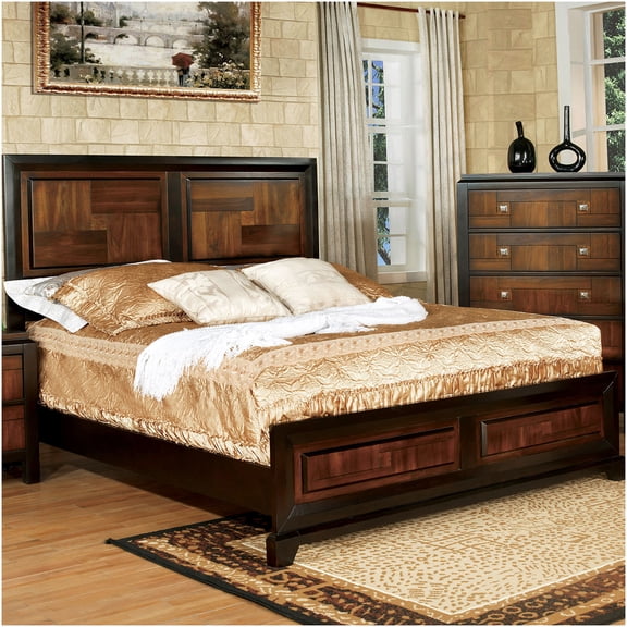 Queen Size Platform Bed with Parquet Headboard and Footboard, Walnut Finish Wood Bed Frame, Modern Bedroom Furniture