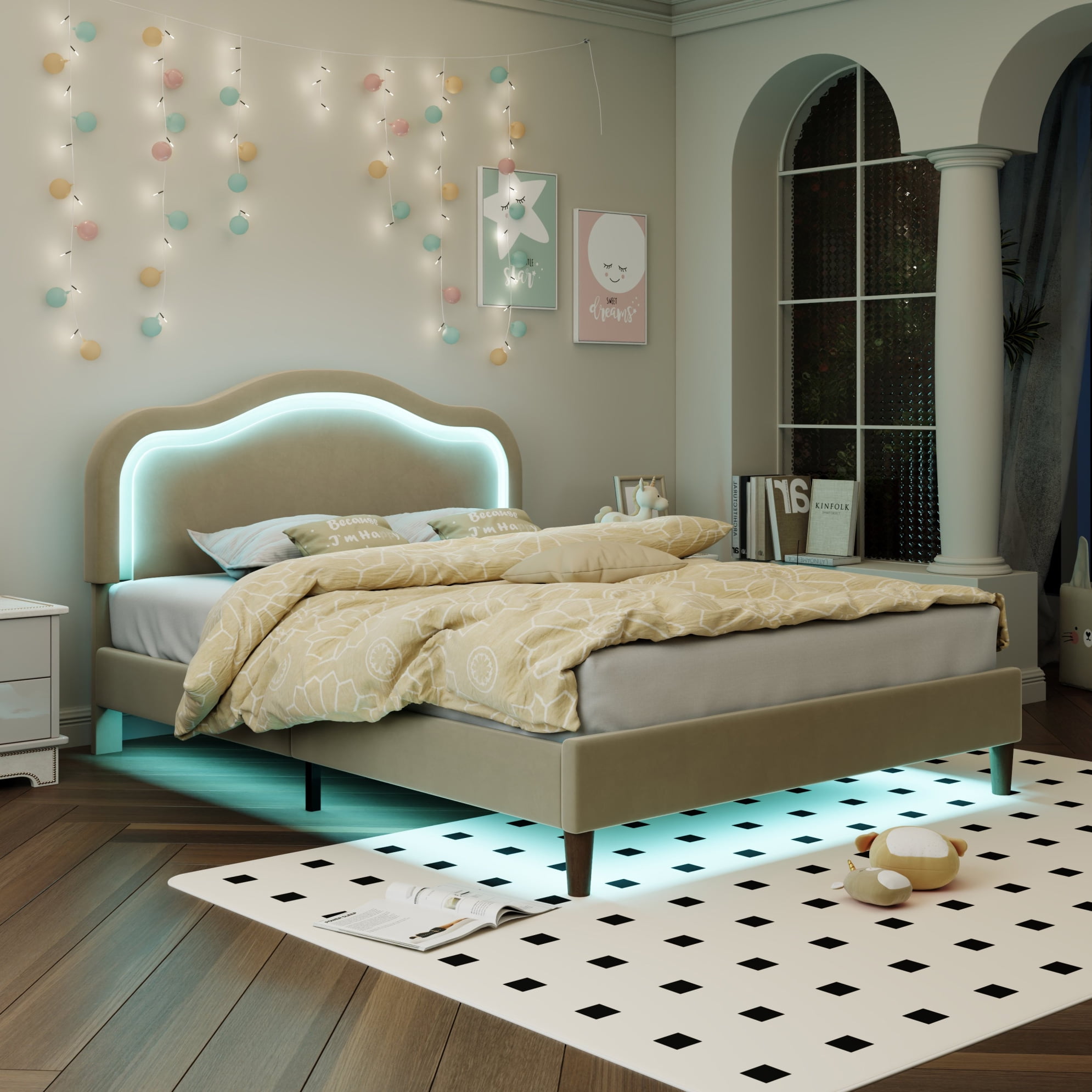 Homfa LED Bed Frame, Full Size Bed for Kids Girls, Velvet