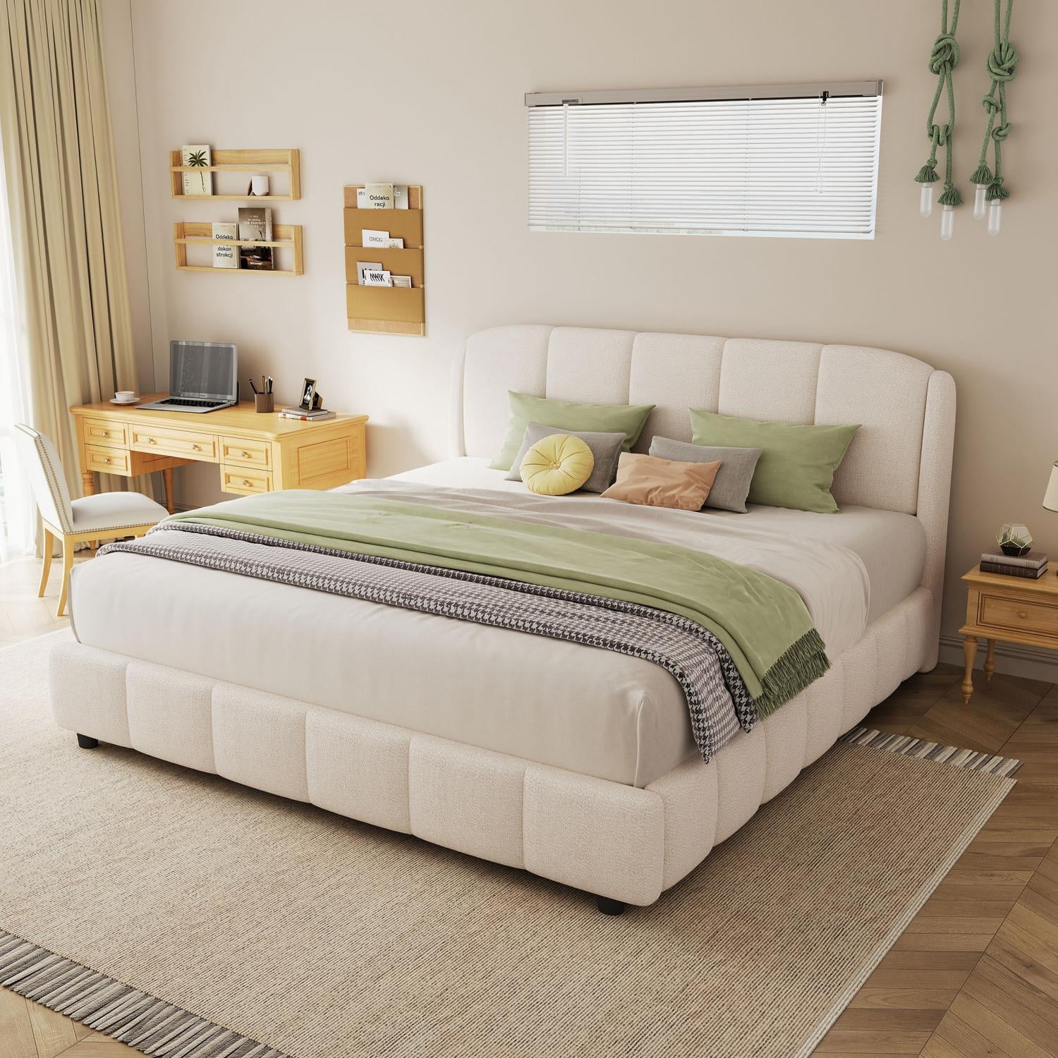 Queen Size Platform Bed with Soft Boucle Fabric, Curved Thick Padded Headboard, Upholstered Bed Frame with Easy Assembly for Bedroom, Beige