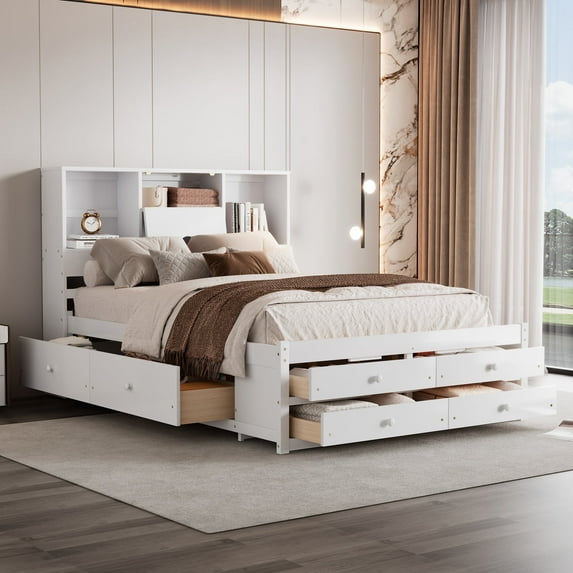 Queen Size Platform Bed with Storage Headboard and 8 Drawers, Easy Assembly for Bedroom