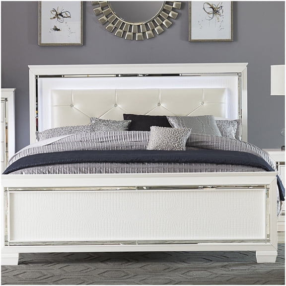 Queen Size Platform Bed with Storage, White Faux Leather Upholstered LED Bed Frame, Button Tufted Headboard Alligator Design