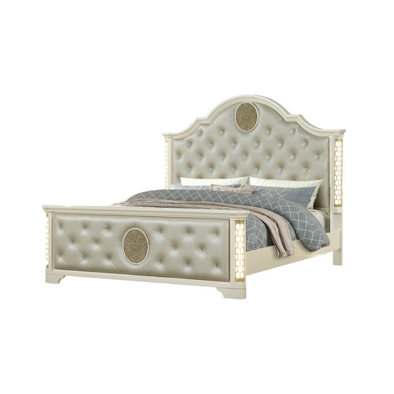Queen Size Platform Bed with Tufted Upholstery Headboard and Footboard, Wood Bed Frame with LED for Living Room
