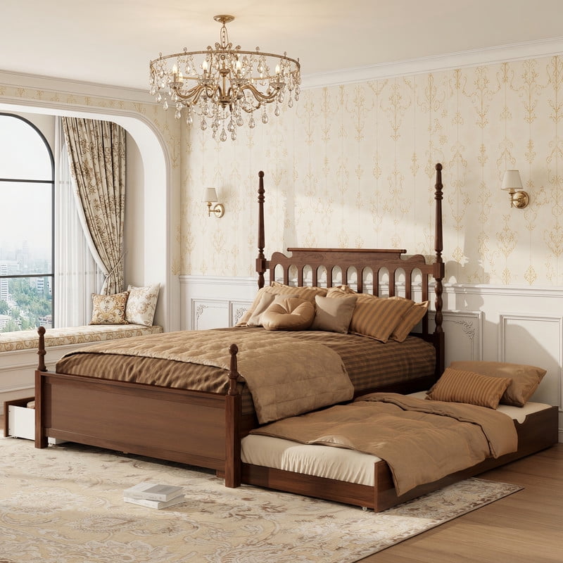 Queen Size Platform Bed with Twin XL Trundle and 2 Storage Drawers, Wooden Bed Frame with Vintage Spindle Headboard & Footboard