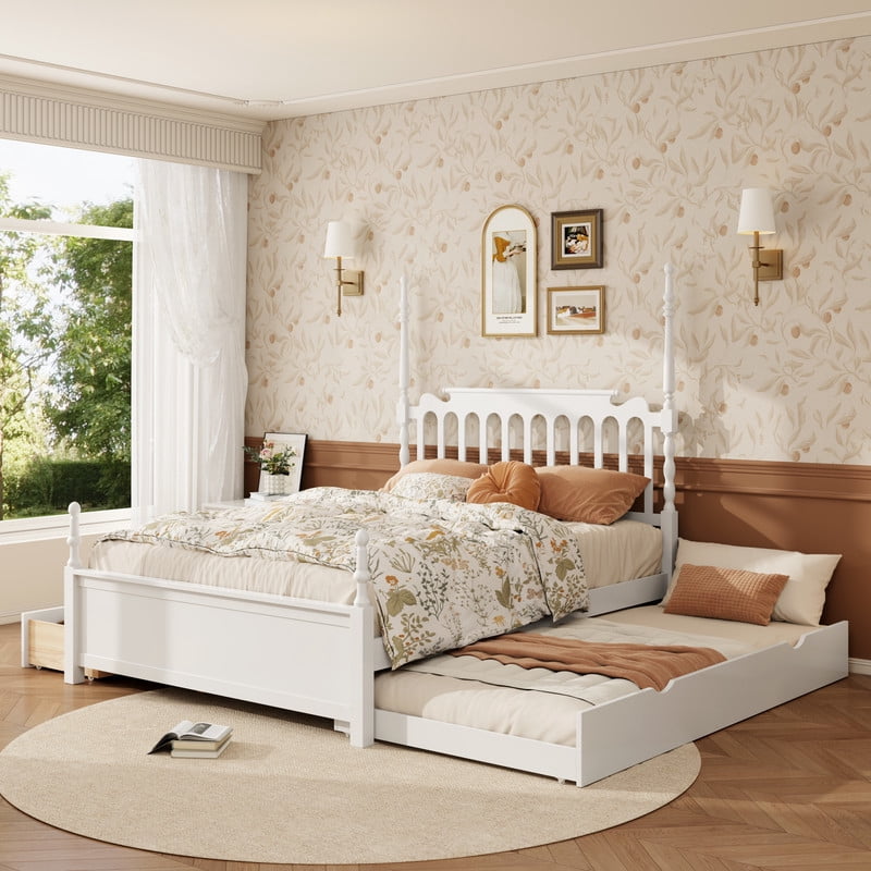 Queen Size Platform Bed with Twin XL Trundle and 2 Storage Drawers, Wooden Bed Frame with Vintage Spindle Headboard & Footboard