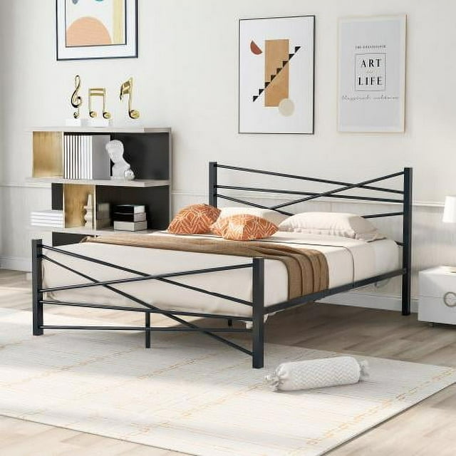 Queen Size Platform Bed with Under-bed Storage, Metal Platforn Bed Frame with Headboard, No Box Spring Needed, Black