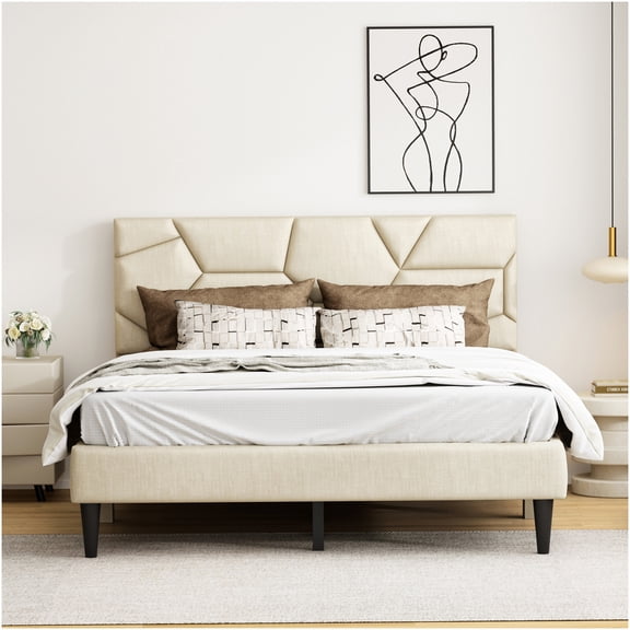 Queen Size Platform Bed with Upholstered Headboard, Under Bed Storage Drawers, Solid Wood Frame, Noise Free, Beige