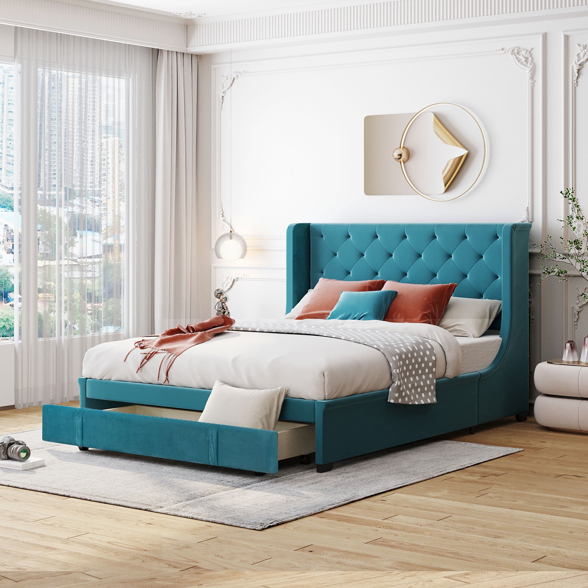 Queen Size Platform Bed with a Big Drawer Velvet Upholstered Platform Bed Frame with Wingback Headboard No Box Spring Needed Blue