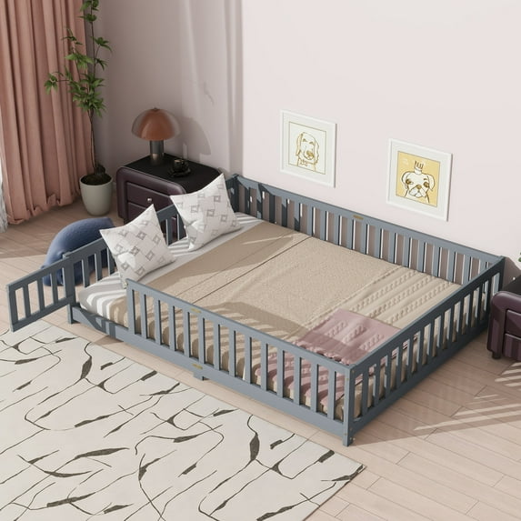 Queen Size Platform Floor Bed with Fence and Bed Slats, Door, Rubber Wood Floor Bed with Safety Guardrails, Gray