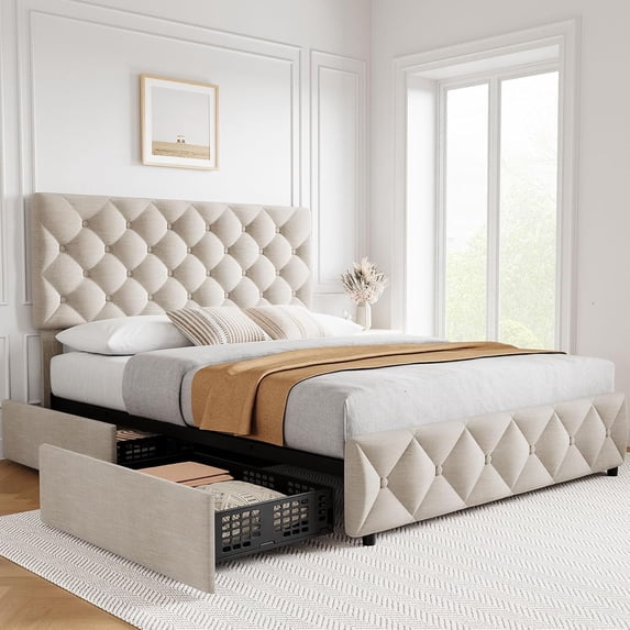 Queen Size Platform Metal Bed Frame, Line Upholstered Metal Bed Frame with Adjustable Headboard & 4 Drawers & Footboard, Modern Queen Bedframe, Wooden Slats Supports, No Box Spring Needed