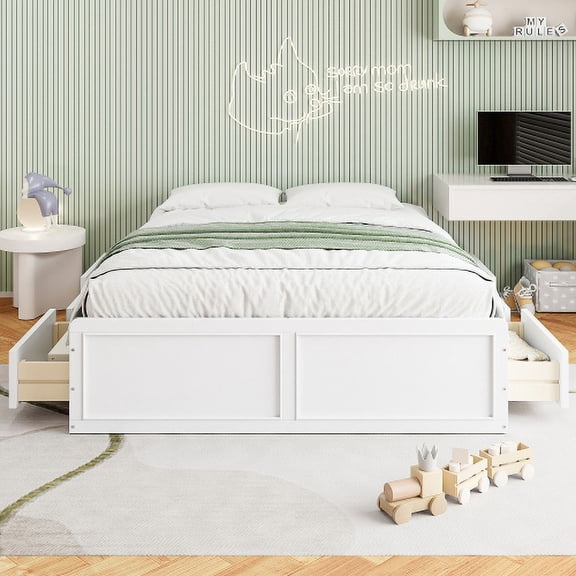 Queen Size Platform Storage Bed with 6 Drawers, Solid Pine Wood Bed Frame with Slat Support and Classic Button Handles, No Box Spring Needed, White