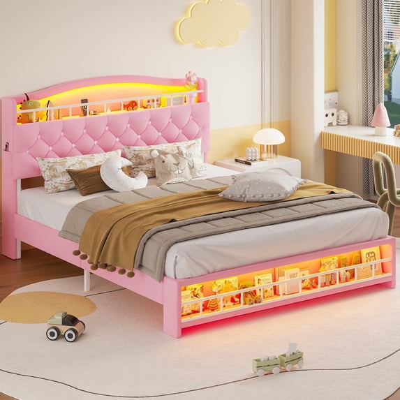 Queen Size Princess Bed with LED Lights & Charging Station, Queen Size Platform Bed Frame with Hidden Storage Headborad,Noise-Free/Easy Assembly, for Girls,Pink