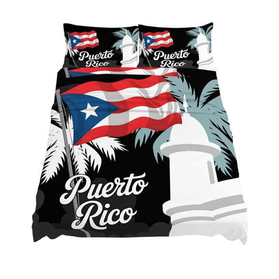 Queen Size Puerto Rico Flag Sheet Sets Modern Art Building Red Blue Flag Palm Trees Soft Breathable Microfiber Bed Sheets 4 Piece Bed Sheets Set, 1 Fitted Sheet, 1 Flat Sheet & 2 Pillowcases