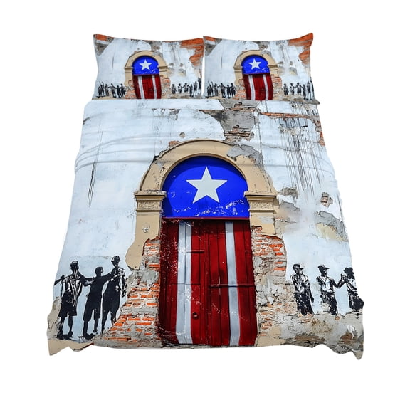 Queen Size Puerto Rico Sheet Sets Flag Country Rustic Shabby Door Wall Graffiti Soft Breathable Microfiber Bed Sheets Deep Pockets 4 Piece Bed Sheets Set, 1 Fitted Sheet, 1 Flat Sheet & 2 Pillowcases