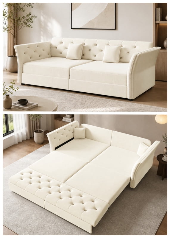 Queen Size Pull Out Sofa Bed, 74.4" 3-in-1 Convertible Chesterfield Sleeper Couch, Oversized Velvet Flower Button Tufted Loveseat Sofa for Living Room Apartment