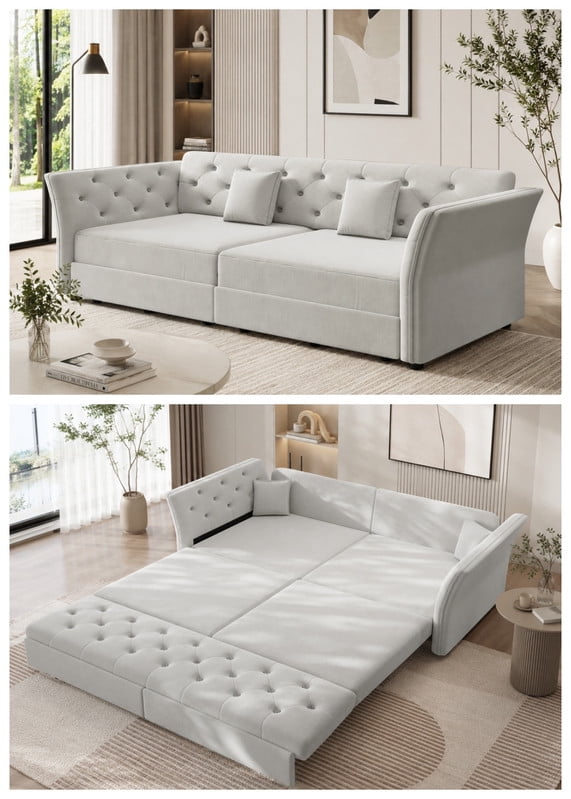 Queen Size Pull Out Sofa Bed, 74.4" 3-in-1 Convertible Chesterfield Sleeper Couch, Oversized Velvet Flower Button Tufted Loveseat Sofa for Living Room Apartment