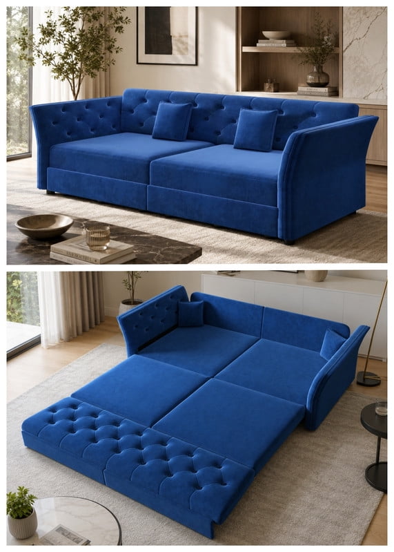 Queen Size Pull Out Sofa Bed, 74.4" 3-in-1 Convertible Chesterfield Sleeper Couch, Oversized Velvet Flower Button Tufted Loveseat Sofa for Living Room Apartment