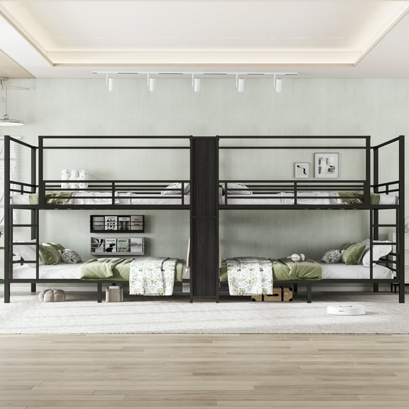 Queen Size Quadruple Bunk Bed for 4, Heavy-Duty Metal Bed Frame with Storage Shelves and Wardrobe, Noise-reduced Design, No Box Spring Needed, Black