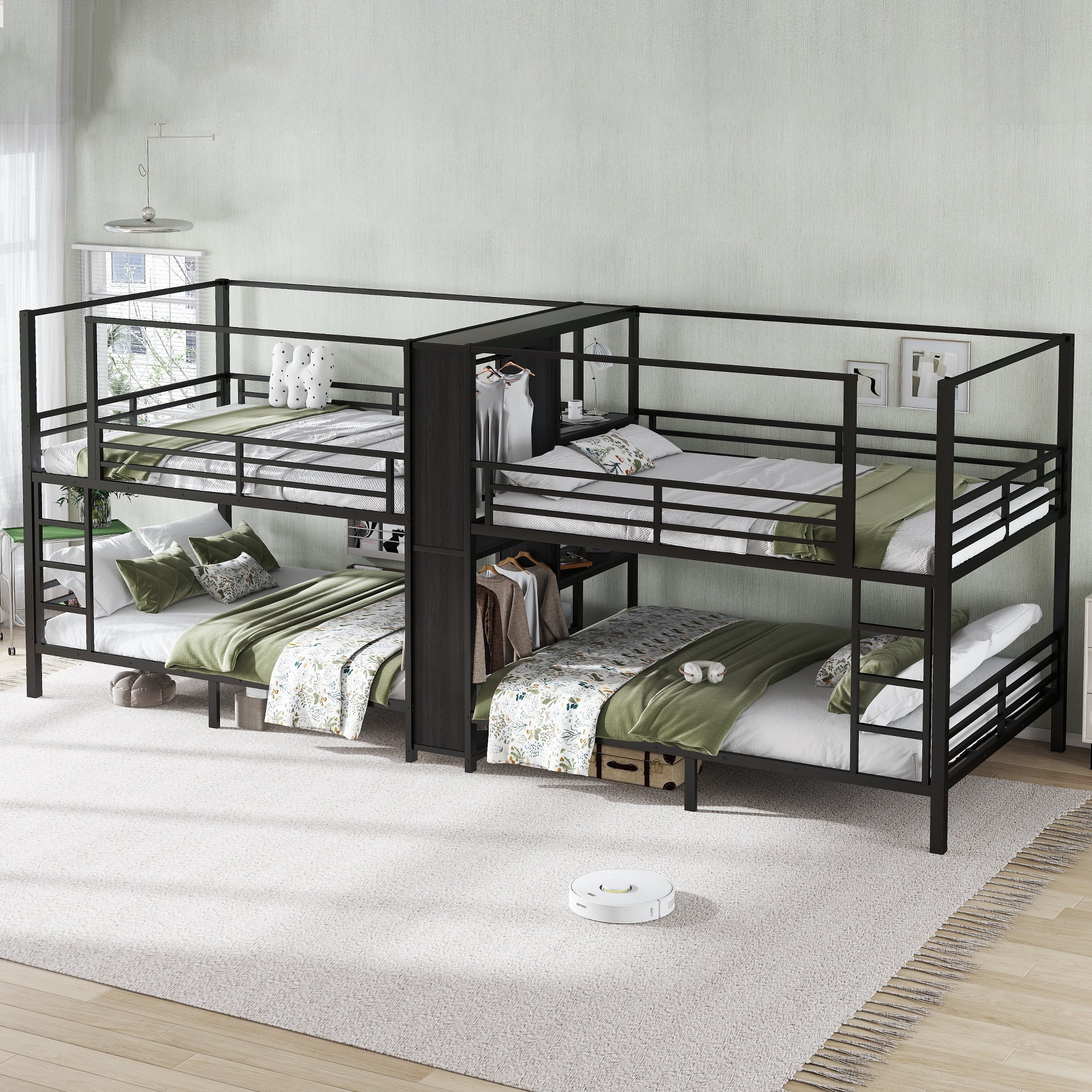 Queen Size Quadruple Metal Bunk Bed,Quadruple Bunk Bed with Built-in Storage Shelves & Wardrobe,Noise-reduced Design,Black