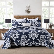 Quilt Set Queen Size 3 Pieces, 100% Cotton Navy Blue Lightweight Quilted Bedspread, Reversible Floral Farmhouse Bedding Set for All Season