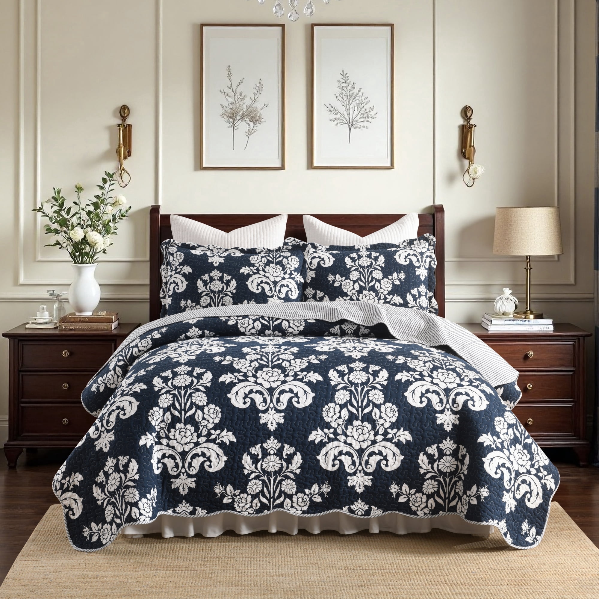 Quilt Set Queen Size 3 Pieces, 100% Cotton Navy Blue Lightweight Quilted Bedspread, Reversible Damask Floral Bedding Set for All Season