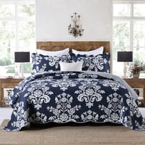 Quilt Set Queen Size 3 Pieces, 100% Cotton Navy Blue Lightweight Quilted Bedspread, Reversible Floral Farmhouse Bedding Set for All Season