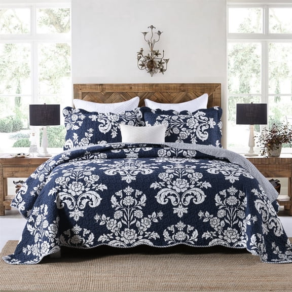 Quilt Set Queen Size 3 Pieces, 100% Cotton Navy Blue Lightweight Quilted Bedspread,  Reversible Damask Floral Pattern Farmhouse  Bedding Set for All Season
