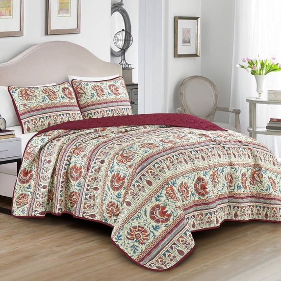 Queen Size Quilt Set 3-Piece Floral Purple Bedspread Set