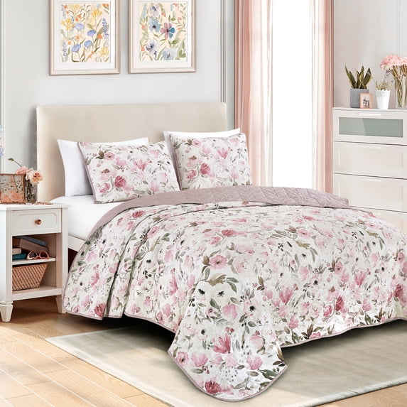 Queen Size Quilt Set 3-Piece Floral Pink Bedspread Set