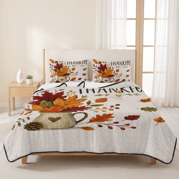 Queen Size Quilt Set,Fall Thanksgiving Maple Leaves Lightweight Soft Bedspread Comforter Quilted Bedding Sets with 2 Pillow Shams Berry Foliage Pine Cones Coverlet for All Seasons-3 Pieces