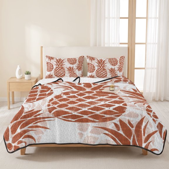 Queen Size Quilt Set,Farmhouse Burnt Orange Pineapple Leaves Lightweight Soft Bedspread Comforter Quilted Bedding Sets with 2 Pillow Shams Fruit Pattern Coverlet for All Seasons-3 Pieces