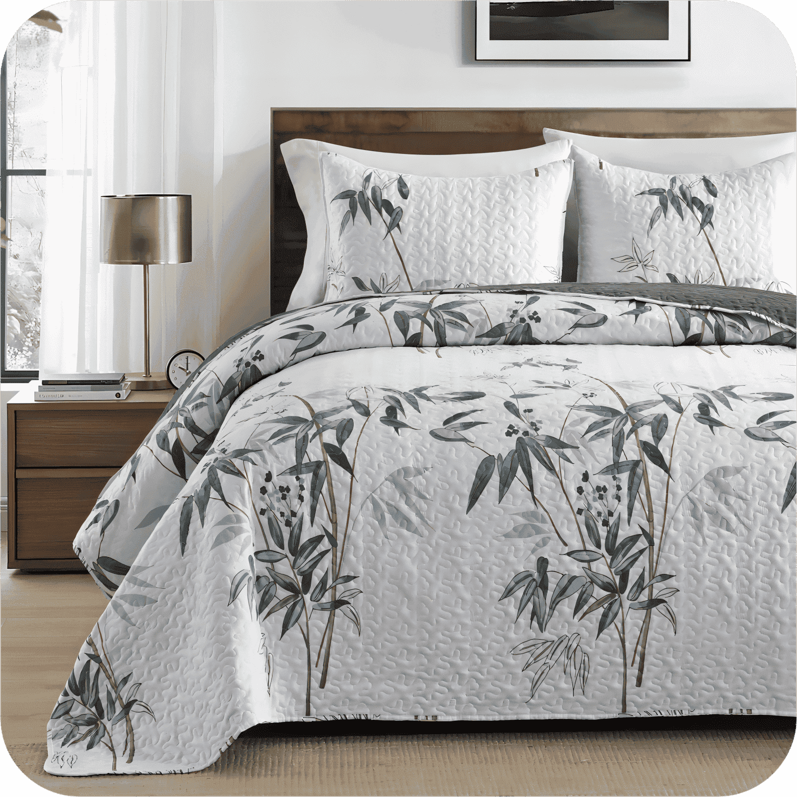 Queen Size Quilt Set, Greagle 3-Piece Soft Warm Lightweight Queen Size Summer Quilt Bedspread Machine Washable Bedding Set with 2-Piece Pillow Shams, 90x90 inch, Watercolor BamBoo Leaf Print