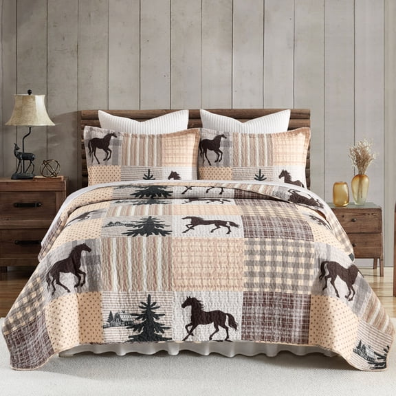 Horse Theme Quilt Set Queen Size, 100% Cotton Pre-washed Lightweight Bedspread Coverlet with 2 Shams, Patchwork Bedding for All Season 3-Piece